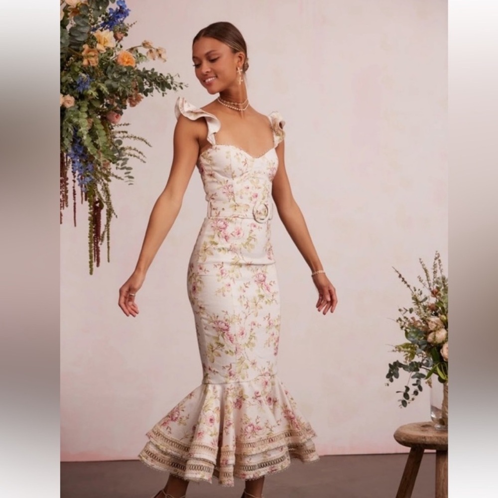 V. Chapman Floral Midi Dress in Cream and Pink